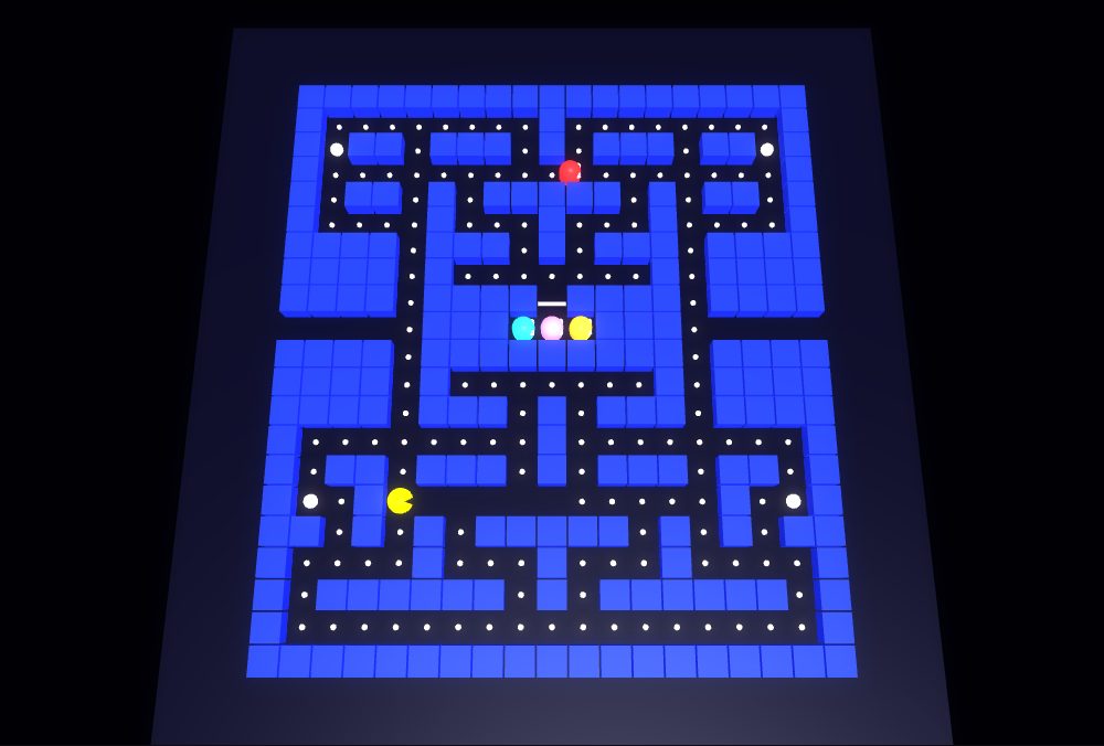 A 3D Pac-Man maze seen from above at an angle, with blue walls, white pellets, Pac-Man in yellow and three ghosts in the middle.